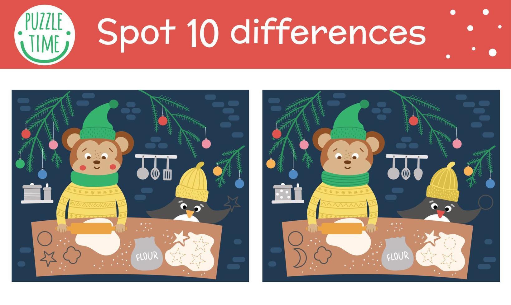 Christmas find differences game for children. Winter educational activity with funny animals backing cookies. Printable worksheet with smiling characters. Cute New Year puzzle for kids vector