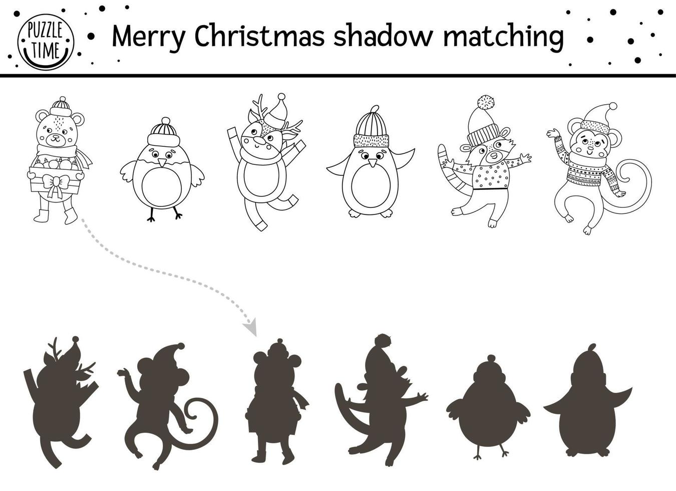 Actividad de combinación de sombras de Navidad en blanco y negro para niños. Página para colorear de invierno con animales lindos. juego educativo de año nuevo para niños. encuentre la hoja de trabajo imprimible de la silueta correcta. vector