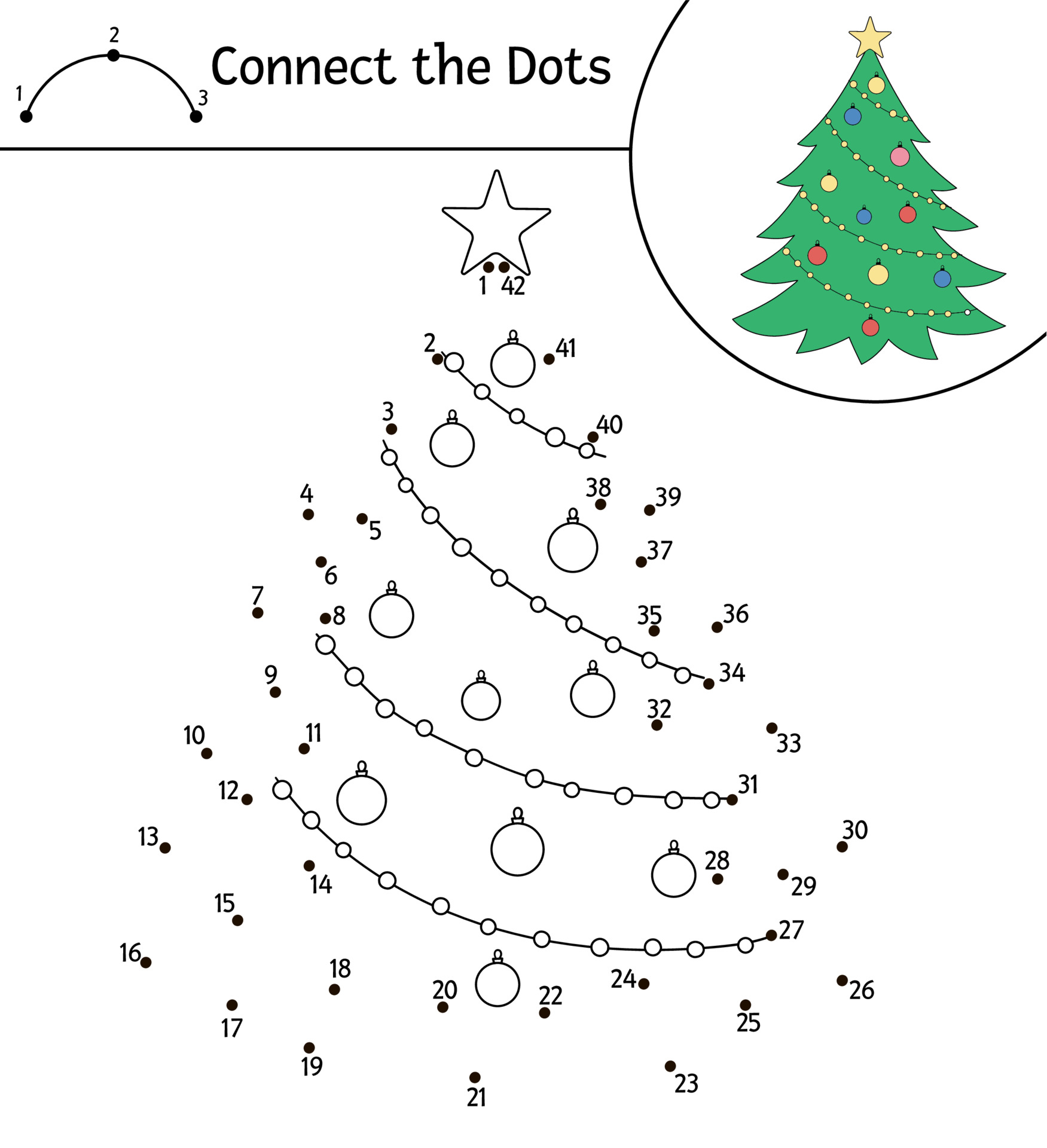 Vector Christmas dot-to-dot and color activity with cute fir tree