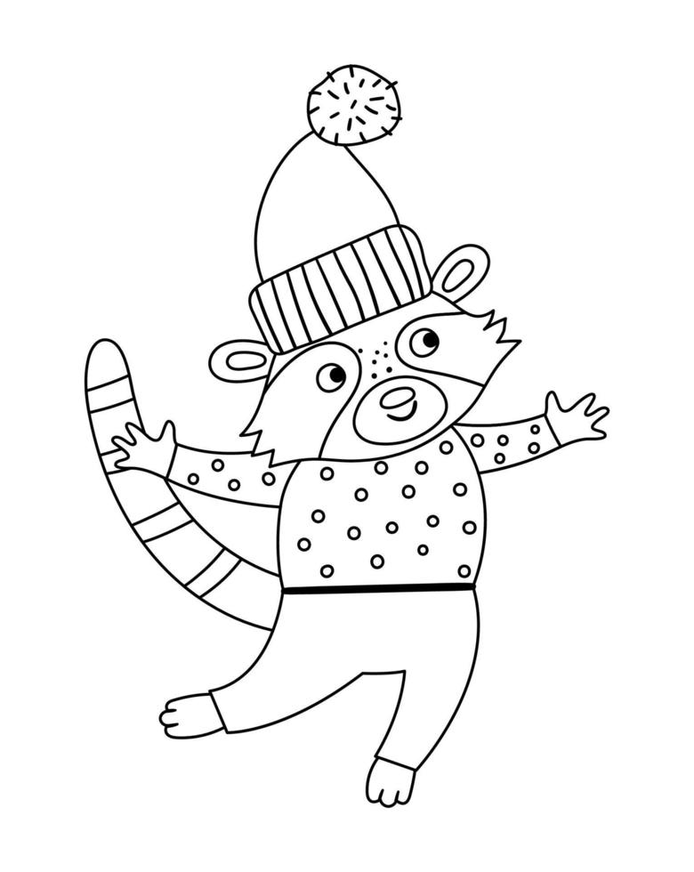 Vector black and white raccoon in hat and sweater. Cute winter animal illustration. Funny Christmas card design. New Year line icon with smiling character