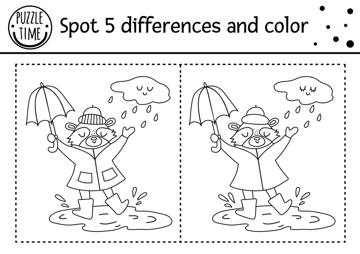 otoño encuentra juego de diferencias para niños. Actividad educativa en blanco y negro y página para colorear con mapache bajo la lluvia con paraguas. Hoja de trabajo imprimible de la temporada de otoño con un lindo animal del bosque. vector