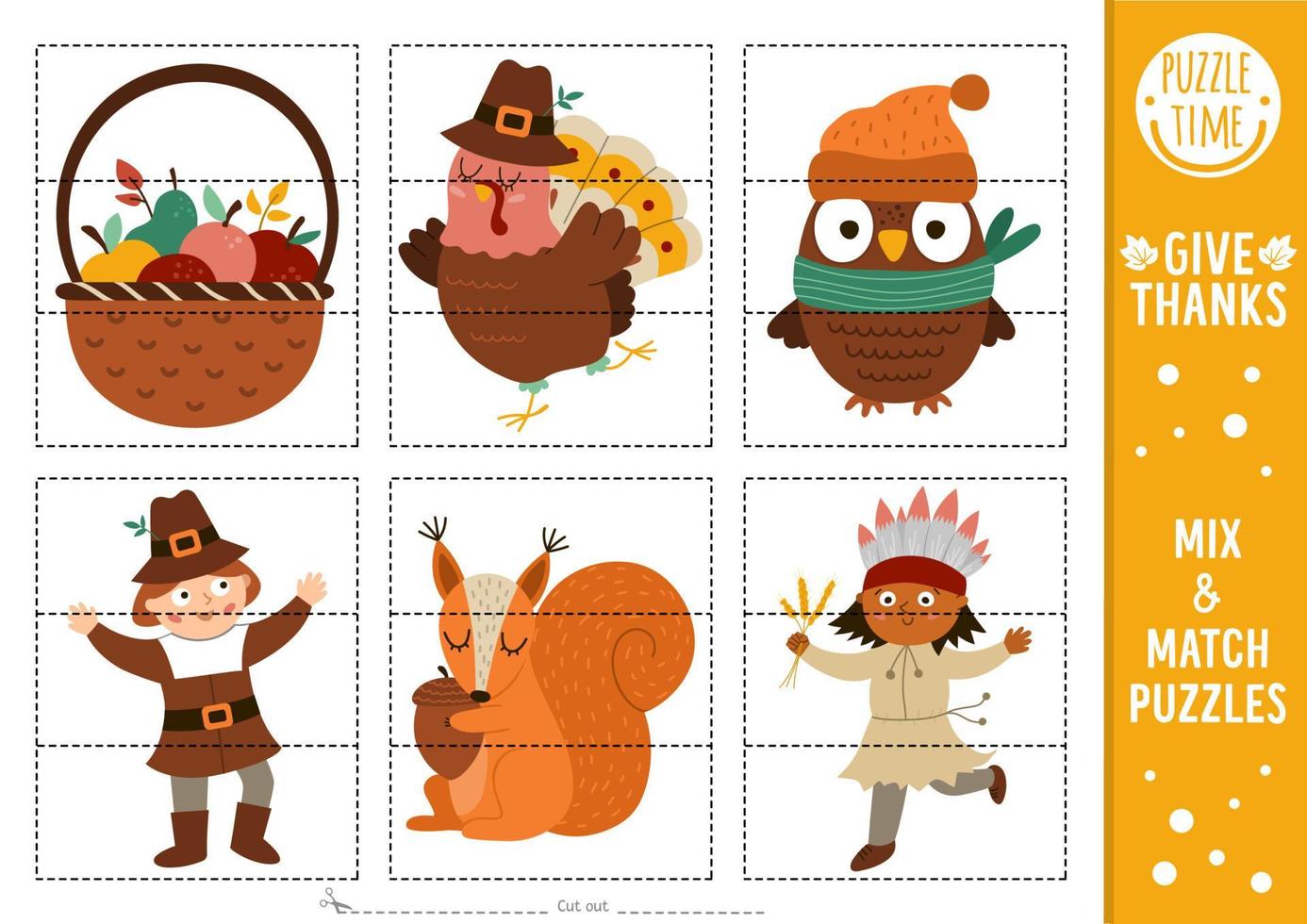 Vector Thanksgiving mix and match puzzle with pilgrim, turkey, owl, harvest, native American Indian. Matching autumn activity for preschool children. Educational printable fall game for kids