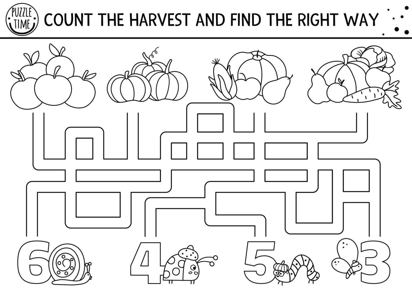 Laberinto de acción de gracias en blanco y negro para niños. Actividad de conteo imprimible de línea de vacaciones de otoño. juego de laberinto de otoño o página para colorear con lindas verduras, insectos. contar la cosecha y encontrar el camino vector