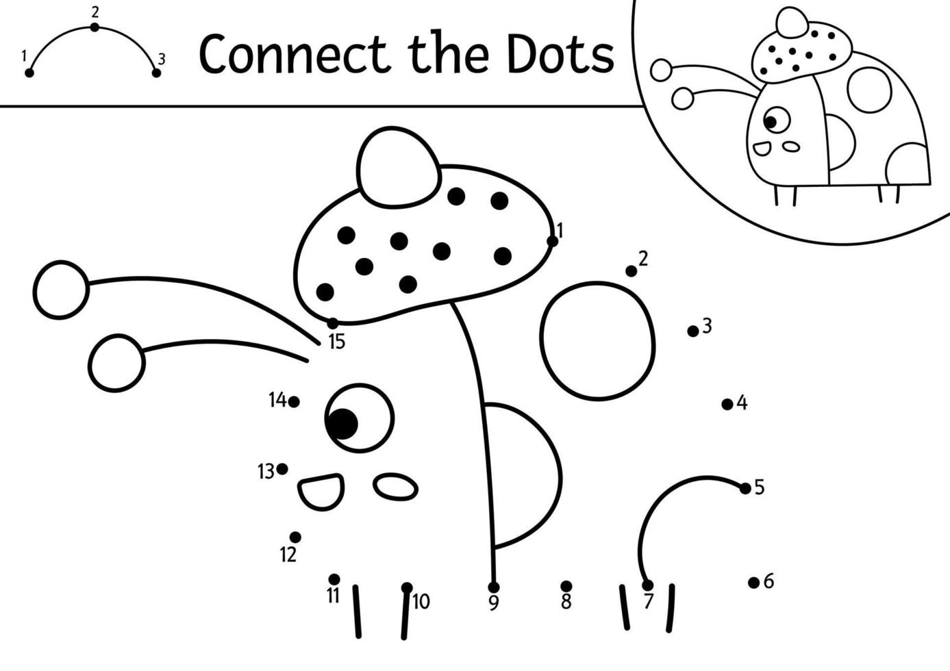 Vector dot-to-dot and color activity with cute ladybird. Forest connect the dots game for children with funny insect in hat. Woodland coloring page for kids. Autumn holiday printable worksheet