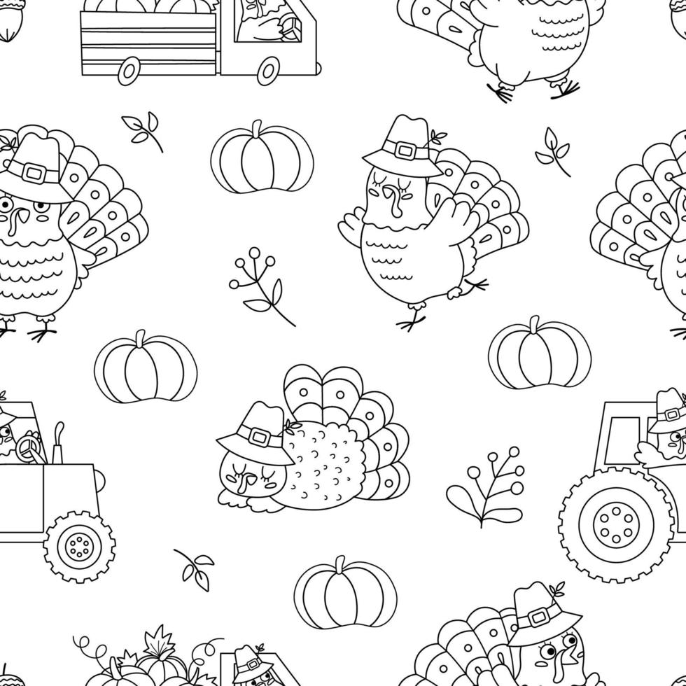 Vector black and white Thanksgiving elements seamless pattern. Autumn outline repeat background with cute turkey, harvest, pumpkins. Line fall holiday digital paper with traditional bird