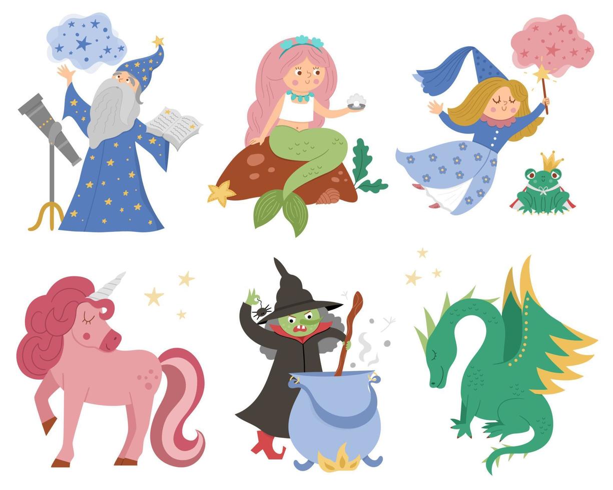 Fairy tale characters collection. Vector set of fantasy witch, unicorn, dragon, fairy, magician, mermaid, frog prince. Medieval fairytale castle pack. Cartoon magic icons for kids.