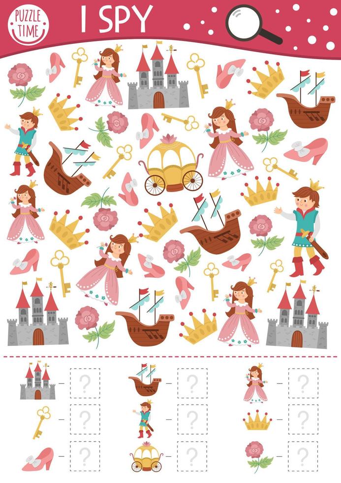 Fairytale fantasy I spy game for kids. Searching and counting activity with castle, princess, prince. Magic kingdom printable worksheet for preschool children. Simple fairy tale spotting puzzle vector