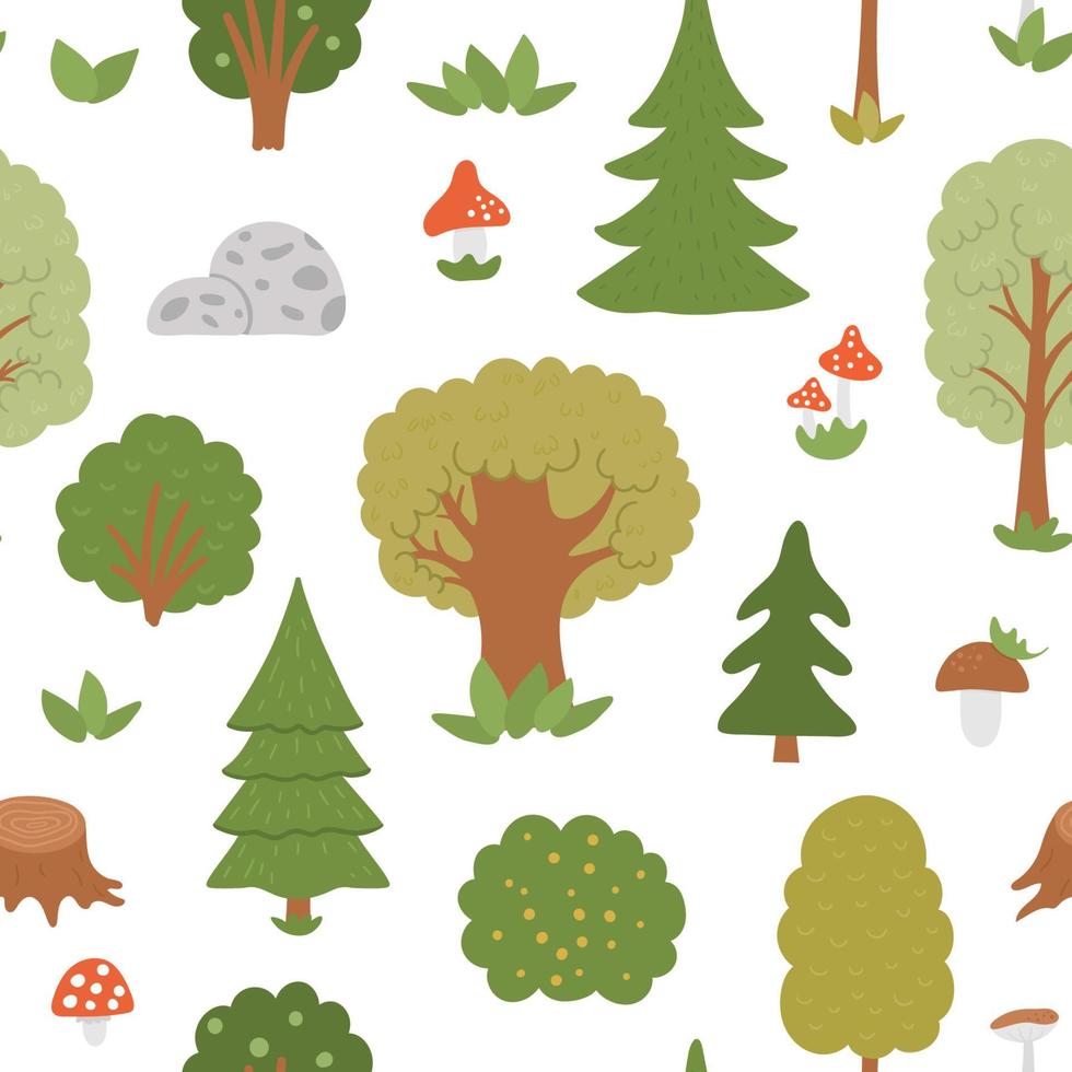 Vector seamless pattern with trees, plants, shrubs, bushes, mushrooms. Flat autumn forest repeating background. Cute digital paper with woodland plants