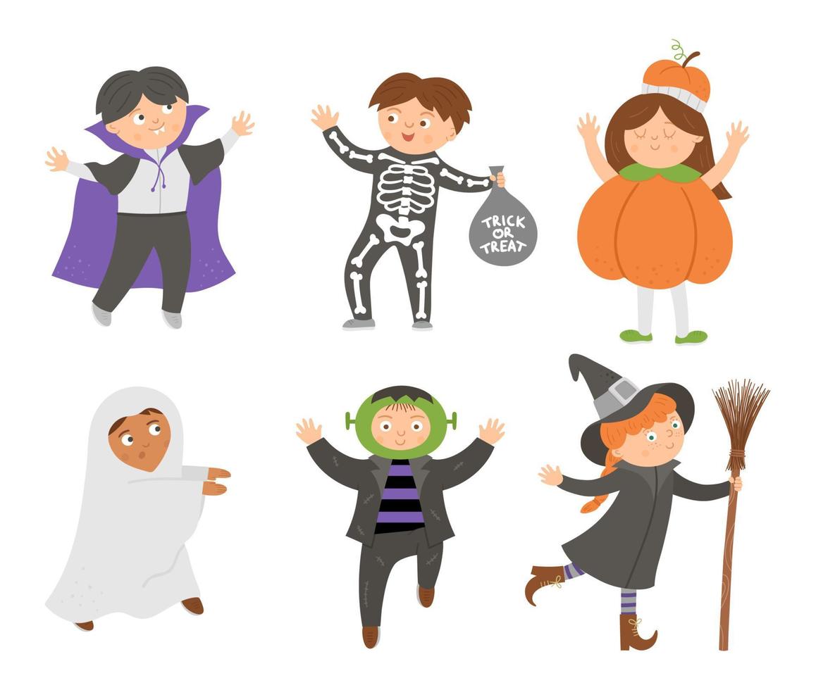 conjunto de lindos personajes de halloween vector. colección de niños en disfraces de miedo. Ilustración divertida de la víspera de todos los santos de otoño con vampiro, fantasma, calabaza, frankenstein. diseño de fiesta de vestido samhain. vector