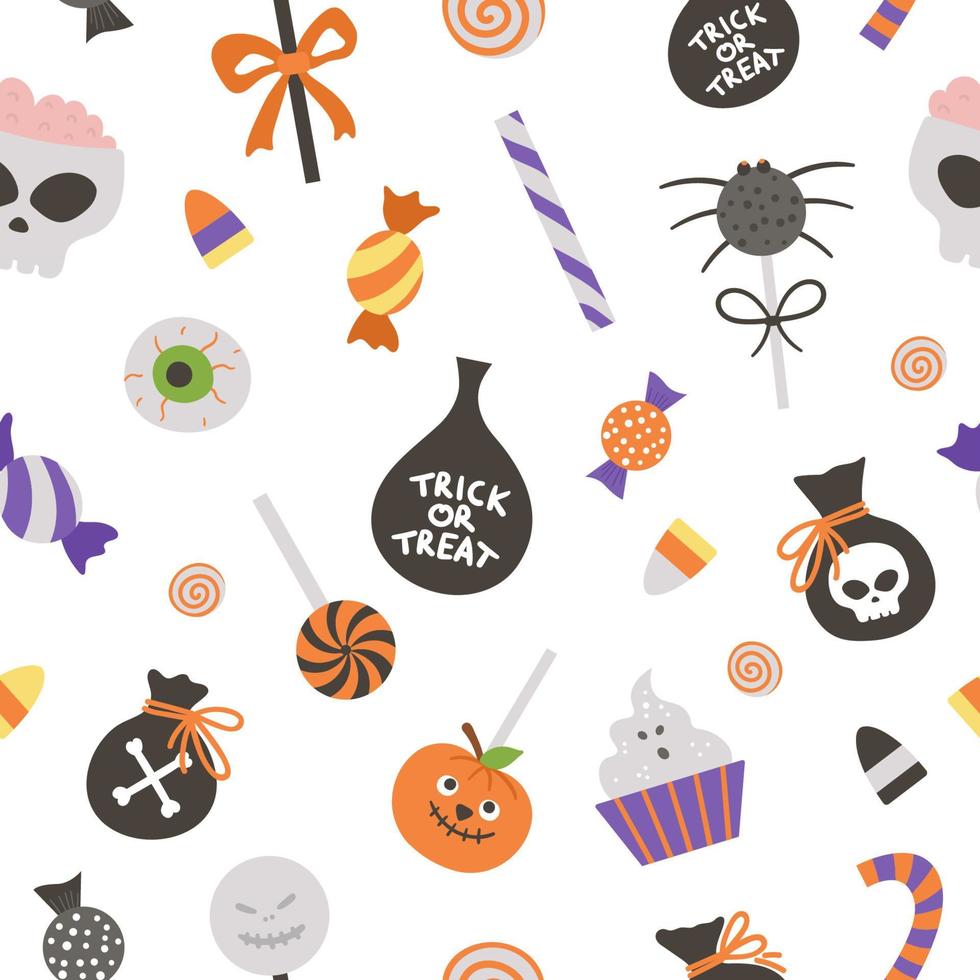 Vector seamless pattern with sweets for trick or treat game. Traditional Halloween party food background. Digital paper with scary lollypops, caramel, candy sticks.