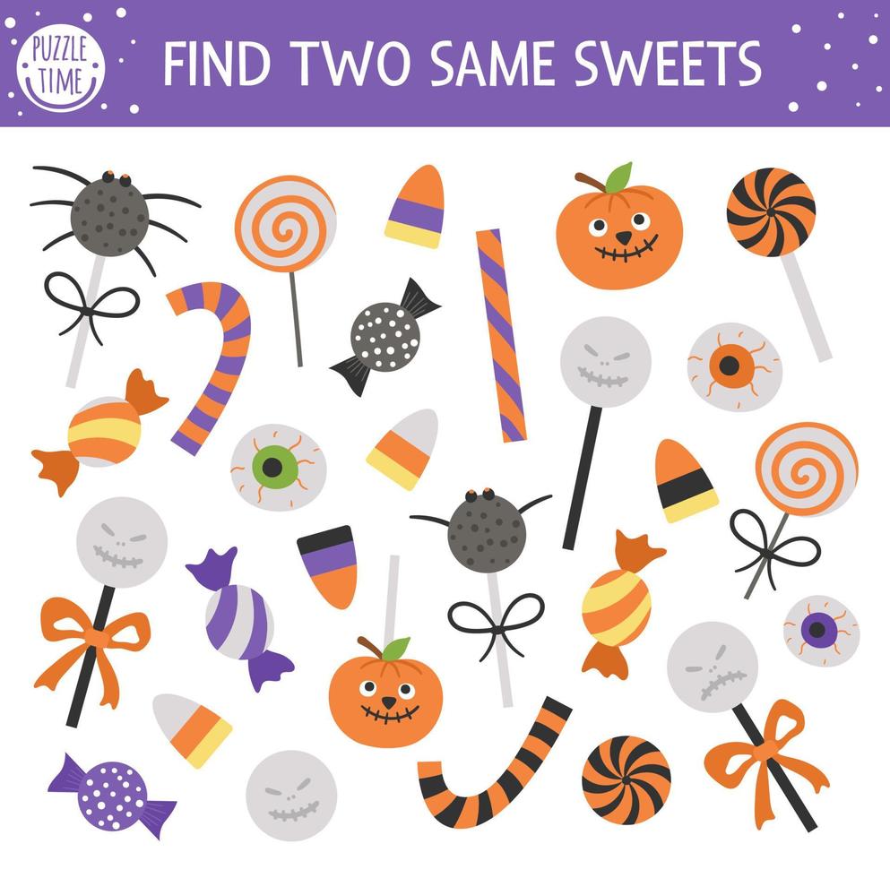 Find two same trick or treat sweets. Halloween matching activity for children. Funny educational autumn logical quiz worksheet for kids. Simple printable game with scary lollypops, candies vector