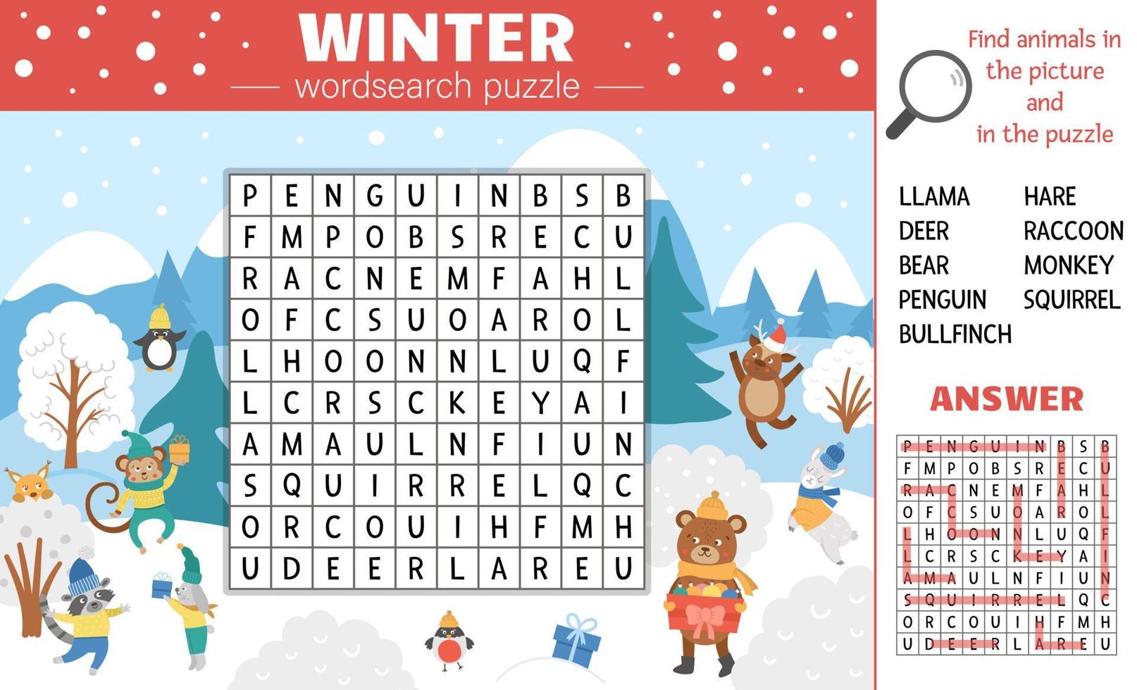 Vector winter season word search puzzle for kids. Simple crossword with Christmas scene and hiding animals for children. Educational keyword activity with cute funny animals in warm clothes