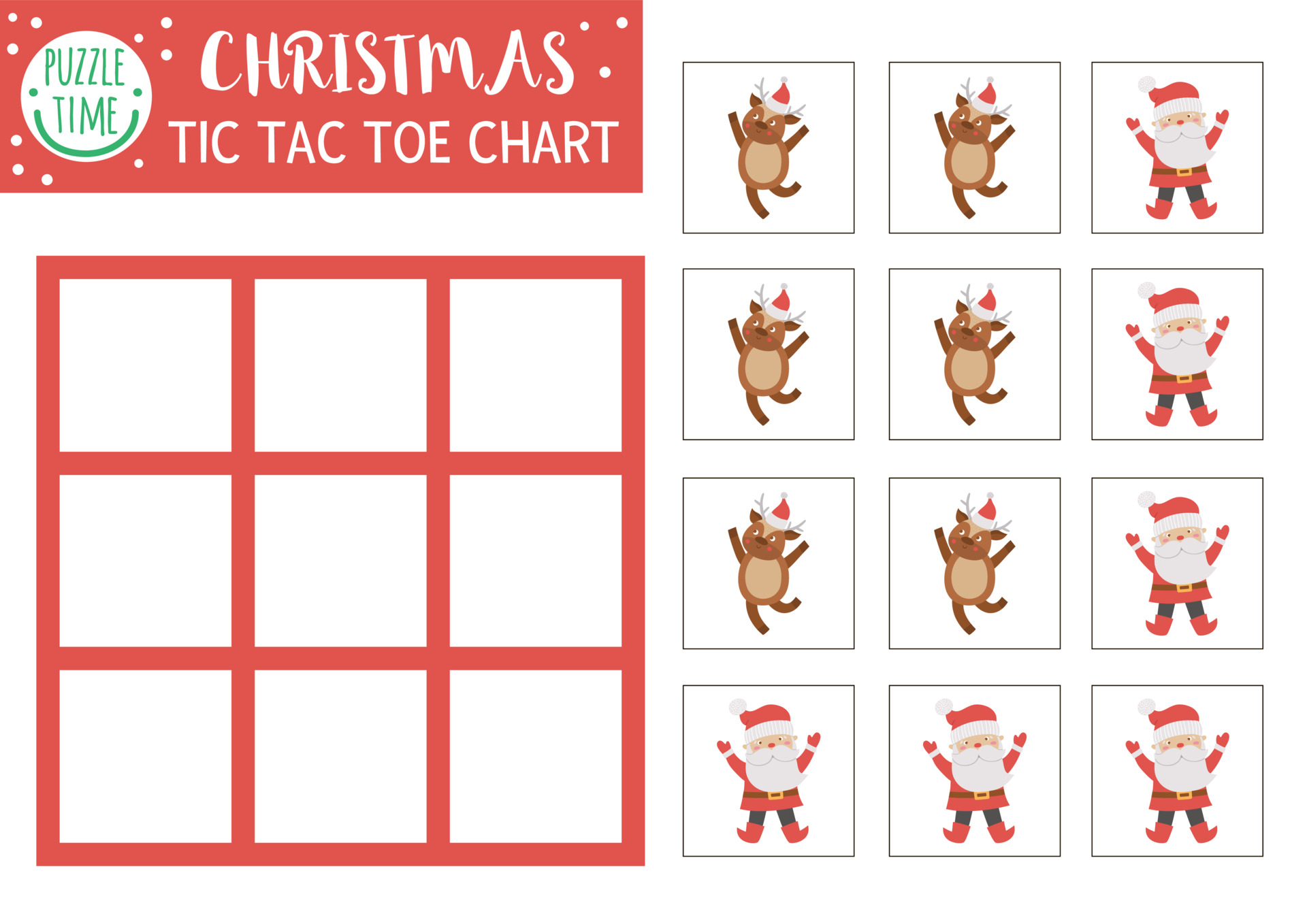 Vector Christmas Tic Tac Toe Chart With Cute Deer And Santa Claus Winter Board Game Playing