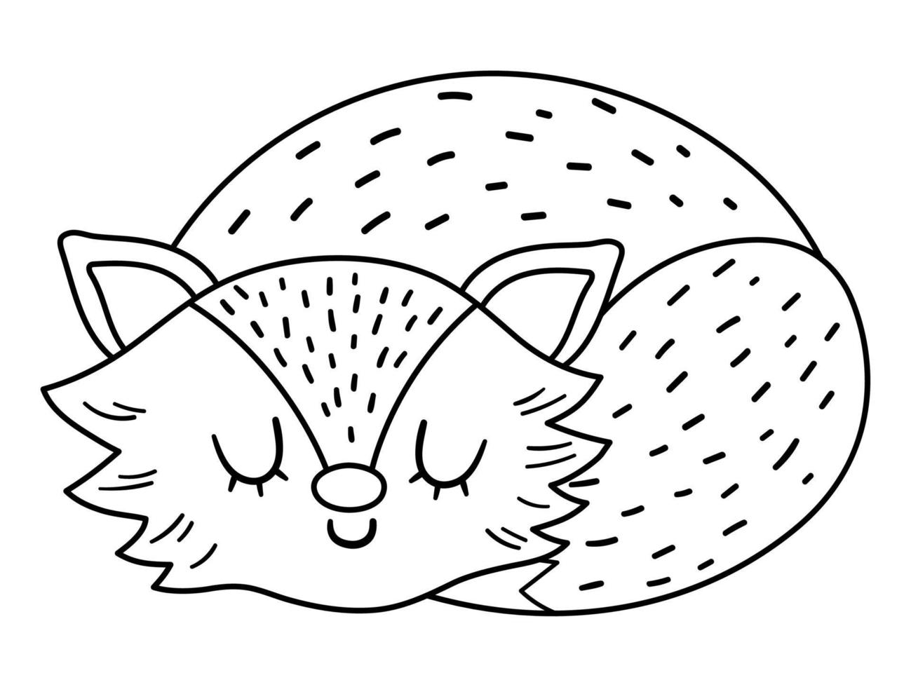 Cute black and white sleeping fox. Vector outline autumn character isolated on white background. Fall season line woodland animal icon for print, sticker, postcard.  Funny forest illustration.