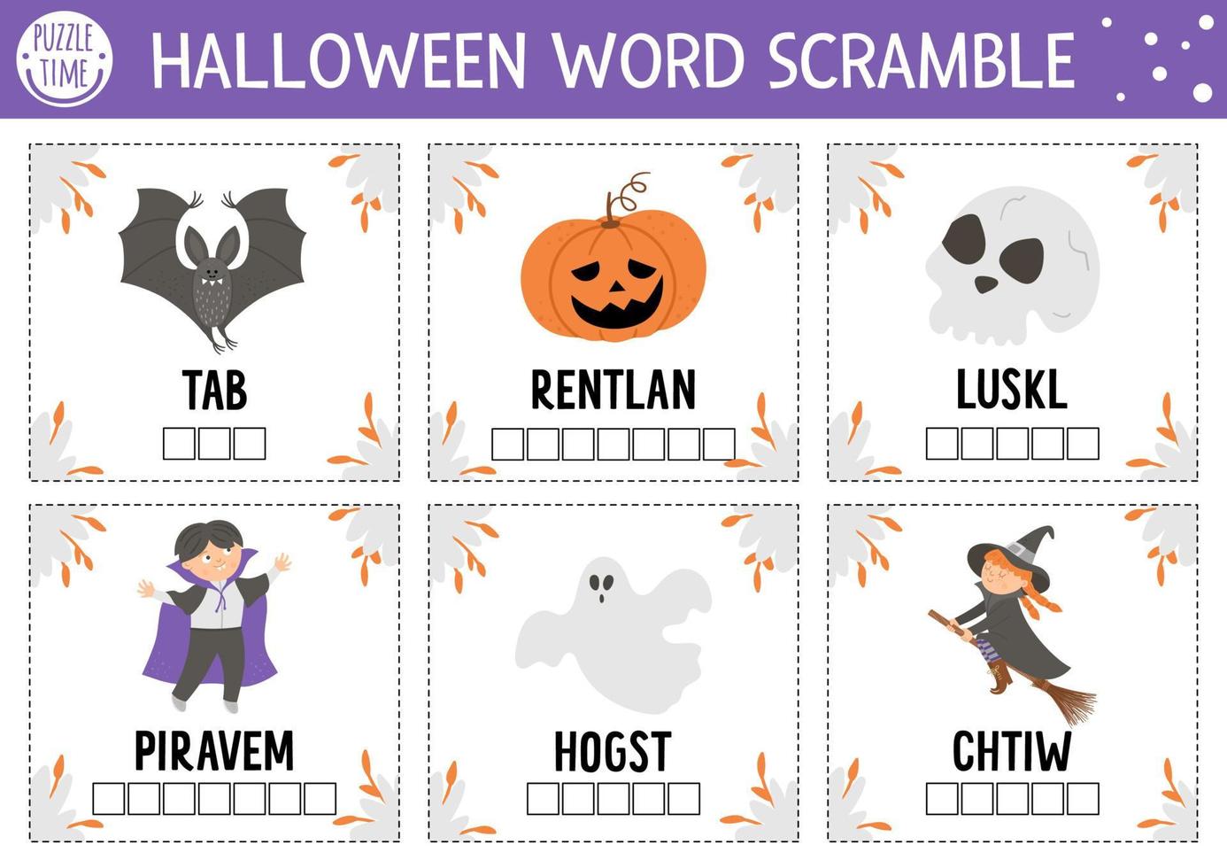 vector halloween word scramble tarjetas de actividad. juego de idioma inglés con linda bruja, linterna, vampiro para niños. prueba familiar de otoño otoño vacaciones. hoja de trabajo educativa imprimible simple.