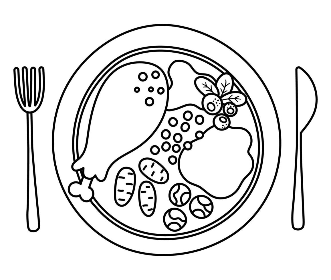 Vector black and white plate with traditional Thanksgiving meal, fork and knife. Outline roast turkey with cranberry sauce. Christmas or Thanksgiving festive food. Holiday outline meal illustration