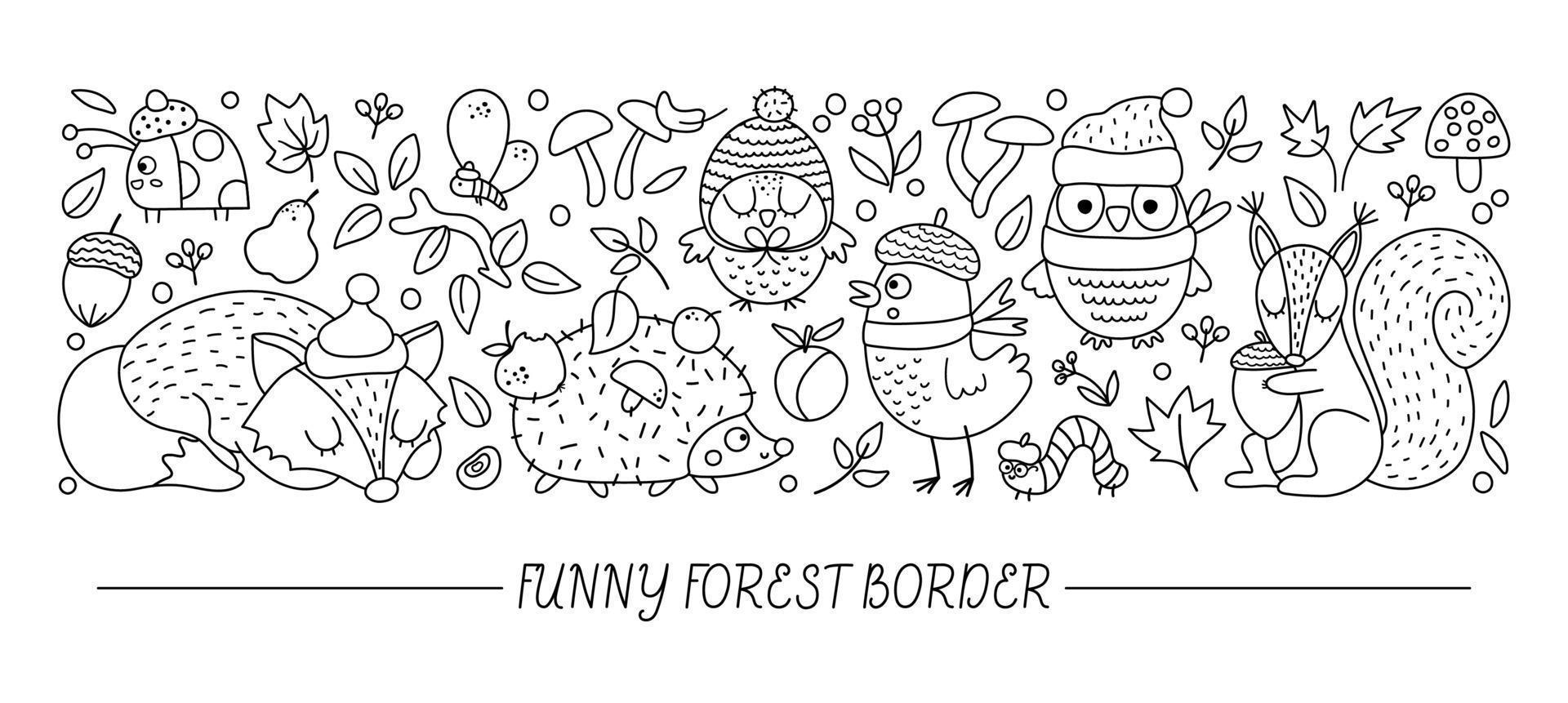 Vector borde horizontal en blanco y negro con animales lindos y elementos del bosque otoñal. diseño de plantilla de tarjeta de línea de acción de gracias con personajes del bosque. borde de otoño divertido