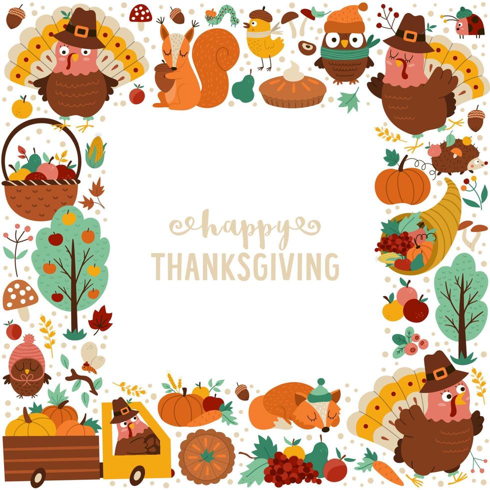 Vector square frame with comic turkey, forest animals, Thanksgiving elements, pumpkins, harvest. Autumn card template design for banners, posters, invitations. Cute fall illustration