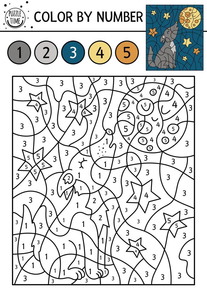 Vector forest color by number activity with wolf howling at ...