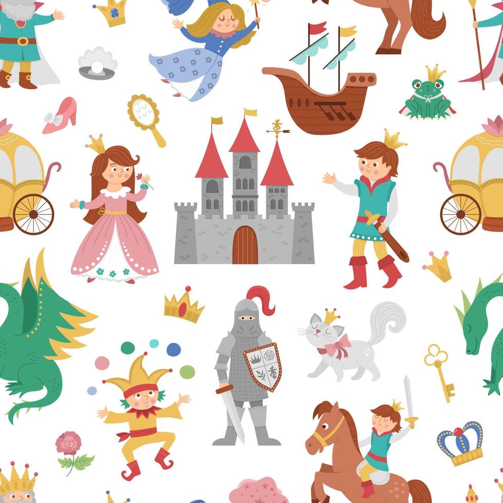 Seamless pattern with fairy tale characters and objects. Repeat background with fantasy princess, king, queen, witch, knight, unicorn, dragon. Medieval fairytale magic castle digital paper vector