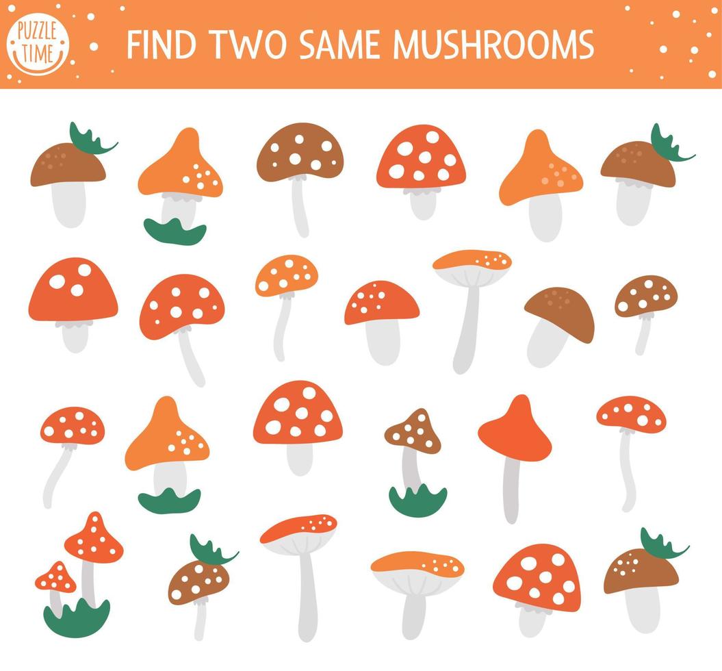 Find two same mushrooms. Autumn matching activity for children. Funny educational fall season logical quiz worksheet for kids. Simple printable game with forest plants vector