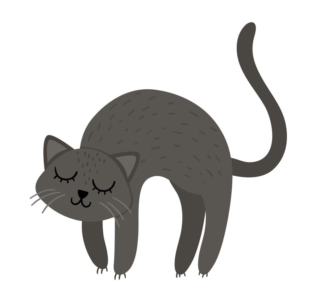 lindo vector gato negro con columna arqueada y ojos cerrados. icono de personaje de halloween. Ilustración de la víspera de todos los santos de otoño con animal aterrador. diseño de cartel de fiesta samhain para niños.