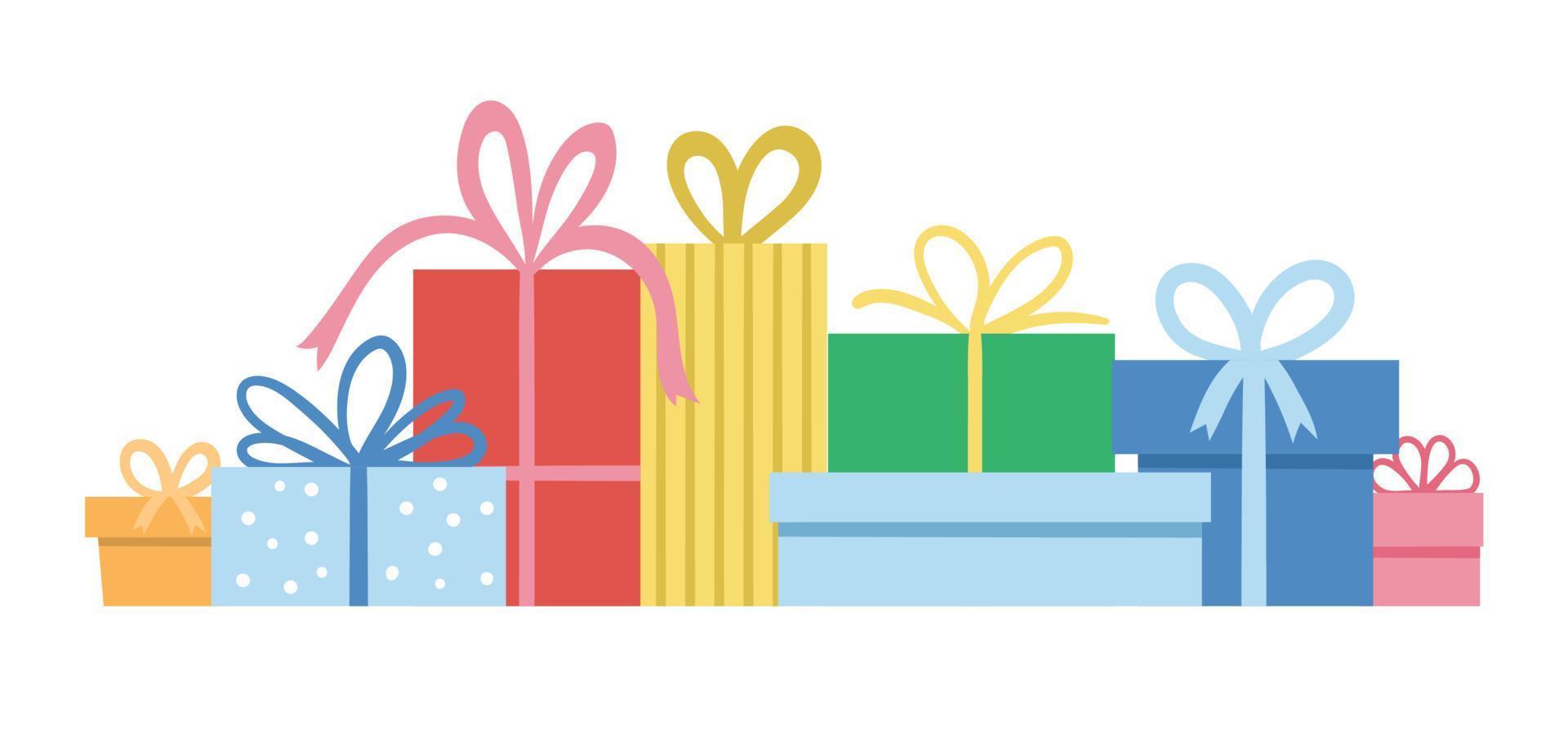 vector conjunto horizontal de lindos regalos con arcos. divertida colección de cajas de regalo de cumpleaños o navidad. Ilustración de vacaciones brillante para niños. Fondo de celebración alegre.