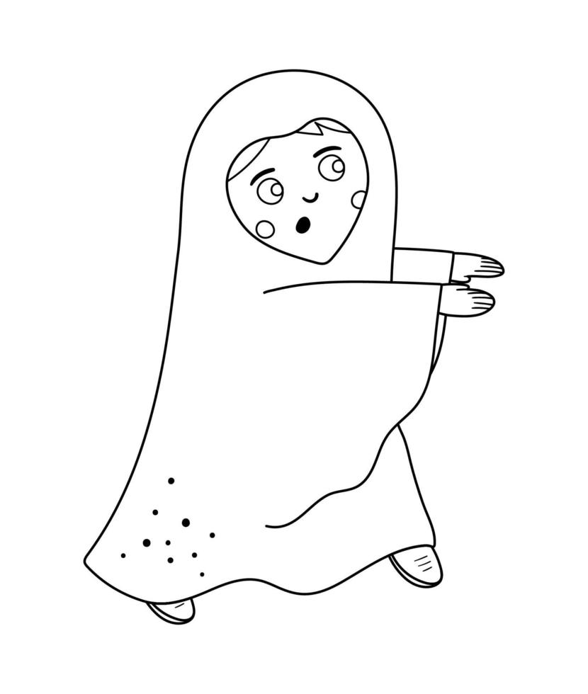 niño vestido como un fantasma. lindo personaje de niño de halloween en blanco y negro de vector. niño disfrazado de monstruo aterrador. otoño divertido todos los santos ilustración de víspera. Dibujos para colorear de Samhain Dress Party. vector