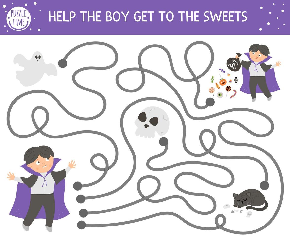 Halloween maze for children. Autumn preschool printable educational activity. Funny day of the dead game or puzzle with kid dressed as a vampire, ghost, scull. Help the boy get to the sweets vector