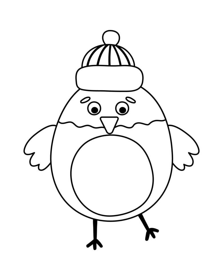 Vector black and white bullfinch in hat. Cute winter bird illustration. Funny Christmas card design. New Year line icon with smiling character