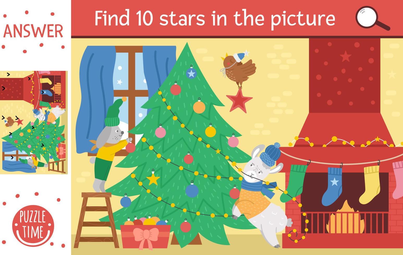 Vector Christmas searching game with cute animals and fir tree. Find hidden stars in the picture. Simple fun educational winter printable activity for kids.