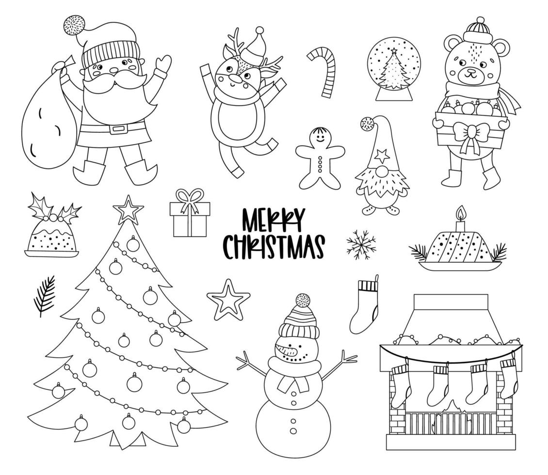 vector conjunto de elementos de Navidad en blanco y negro con santa claus, ciervos, abeto, regalos aislados sobre fondo blanco. Ilustración de iconos de invierno divertido lindo para decoraciones o diseño de año nuevo.