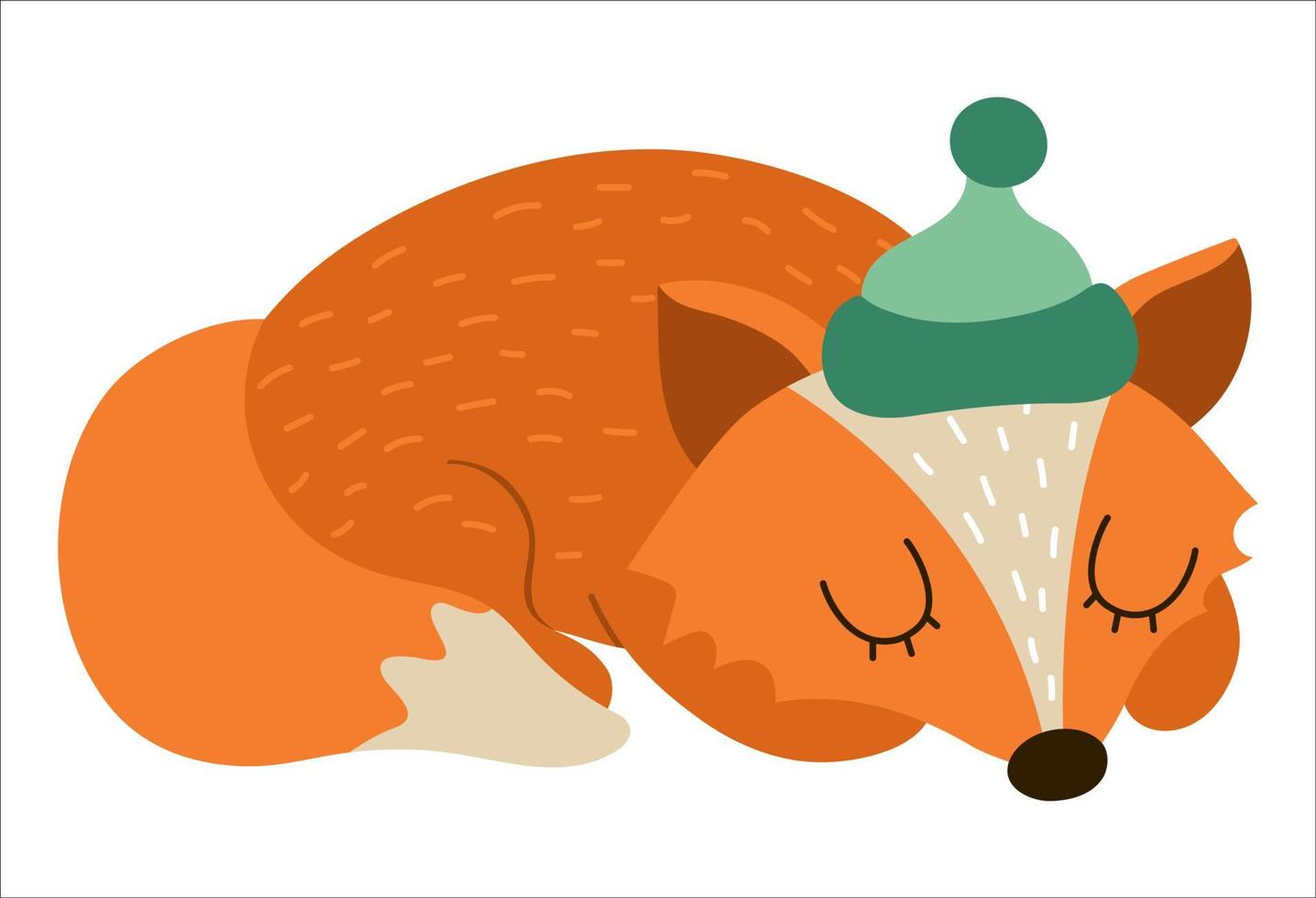 Cute sleeping fox in green hat. Vector autumn character isolated on white background. Fall season woodland animal icon for print, postcard.  Funny forest or Thanksgiving Day illustration