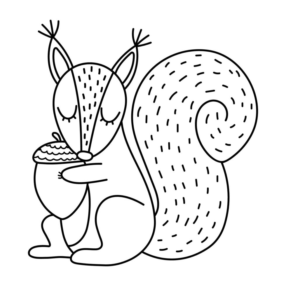 linda ardilla blanco y negro con bellota. vector carácter otoño aislado sobre fondo blanco. icono de línea de animales del bosque de temporada de otoño. bosque divertido o ilustración de contorno del día de acción de gracias.