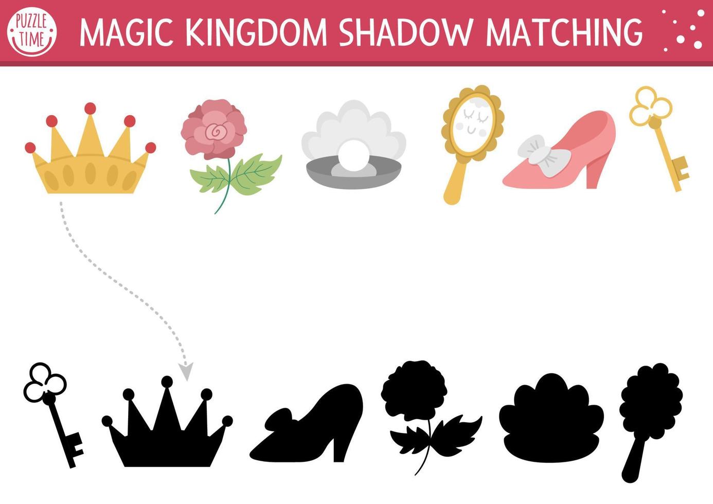 Fairytale shadow matching activity with crown, mirror, shoe. Magic kingdom puzzle with traditional symbols. Find correct silhouette printable worksheet or game. Fairy tale page for kids vector