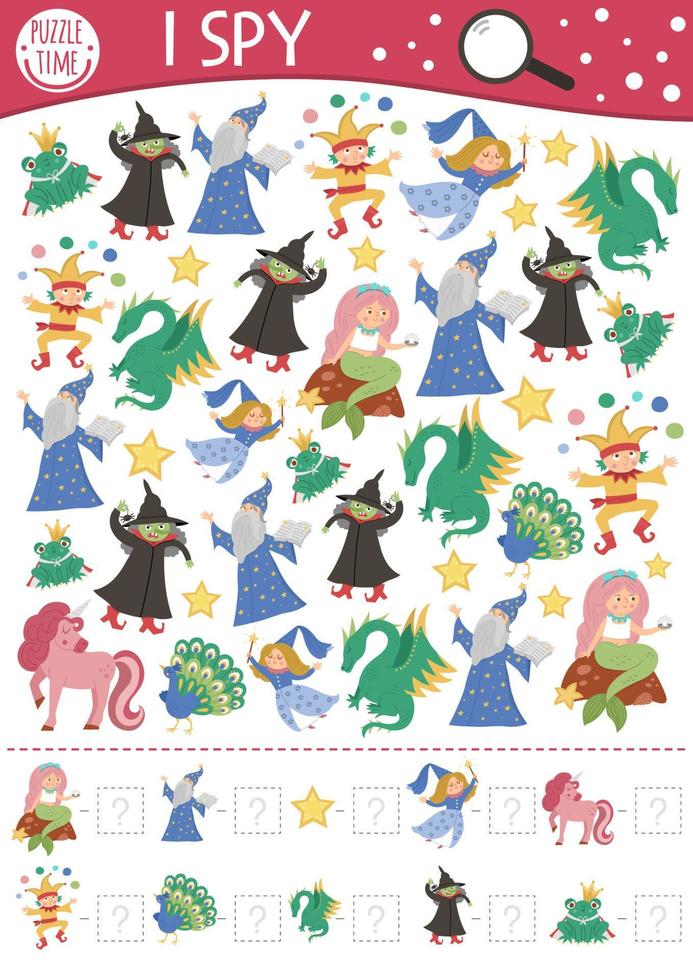 Fairytale I spy game for kids with fantasy creatures. Searching and counting activity with witch, dragon, frog prince. Magic kingdom printable worksheet. Simple fairy tale spotting puzzle vector