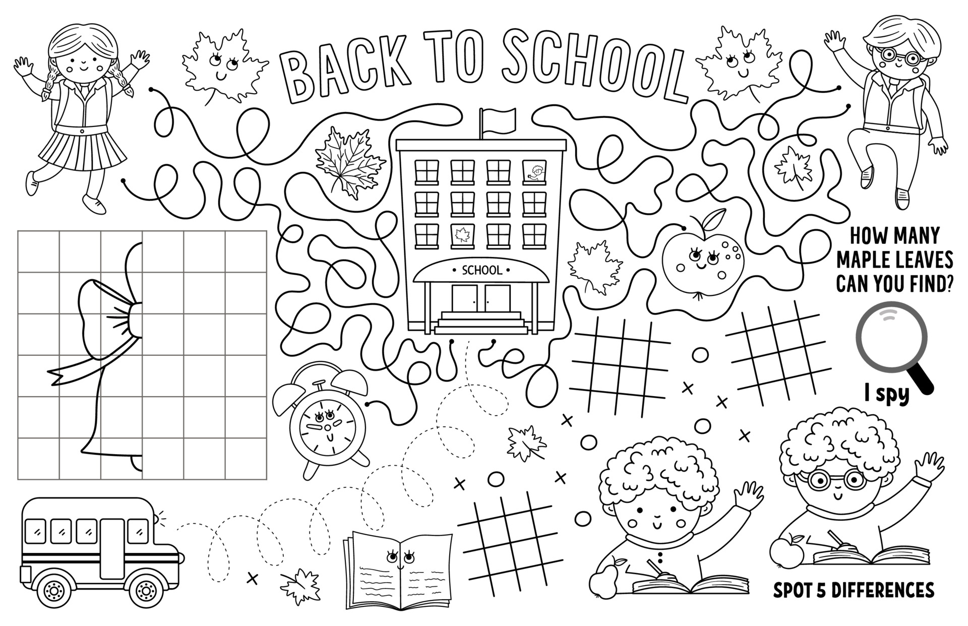 Vector back to school placemat for kids. Fall printable activity mat