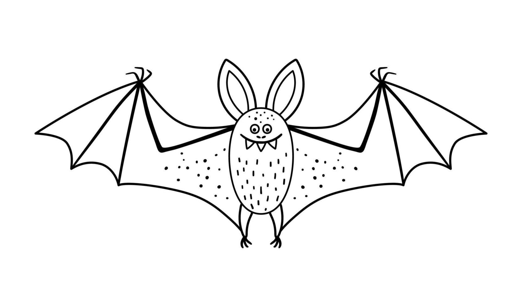 Cute vector black and white bat with spread wings. Halloween character icon. Autumn all saints eve illustration with flying animal. Samhain party coloring page for kids.