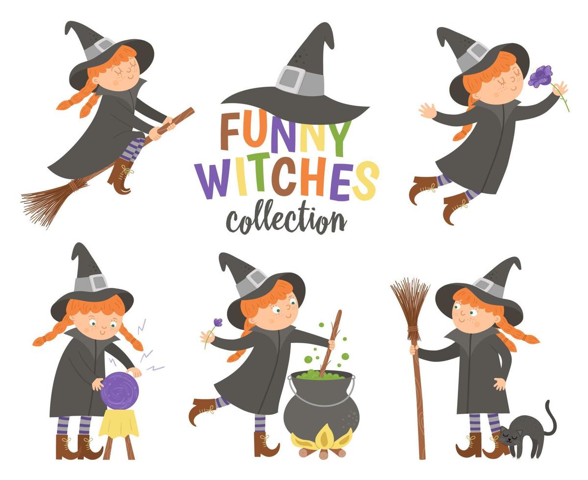 Set of cute vector witches. Halloween characters icons collection. Funny autumn all saints eve illustration with girl on a broom, with cauldron, cat, magic ball. Samhain party sign design for kids.
