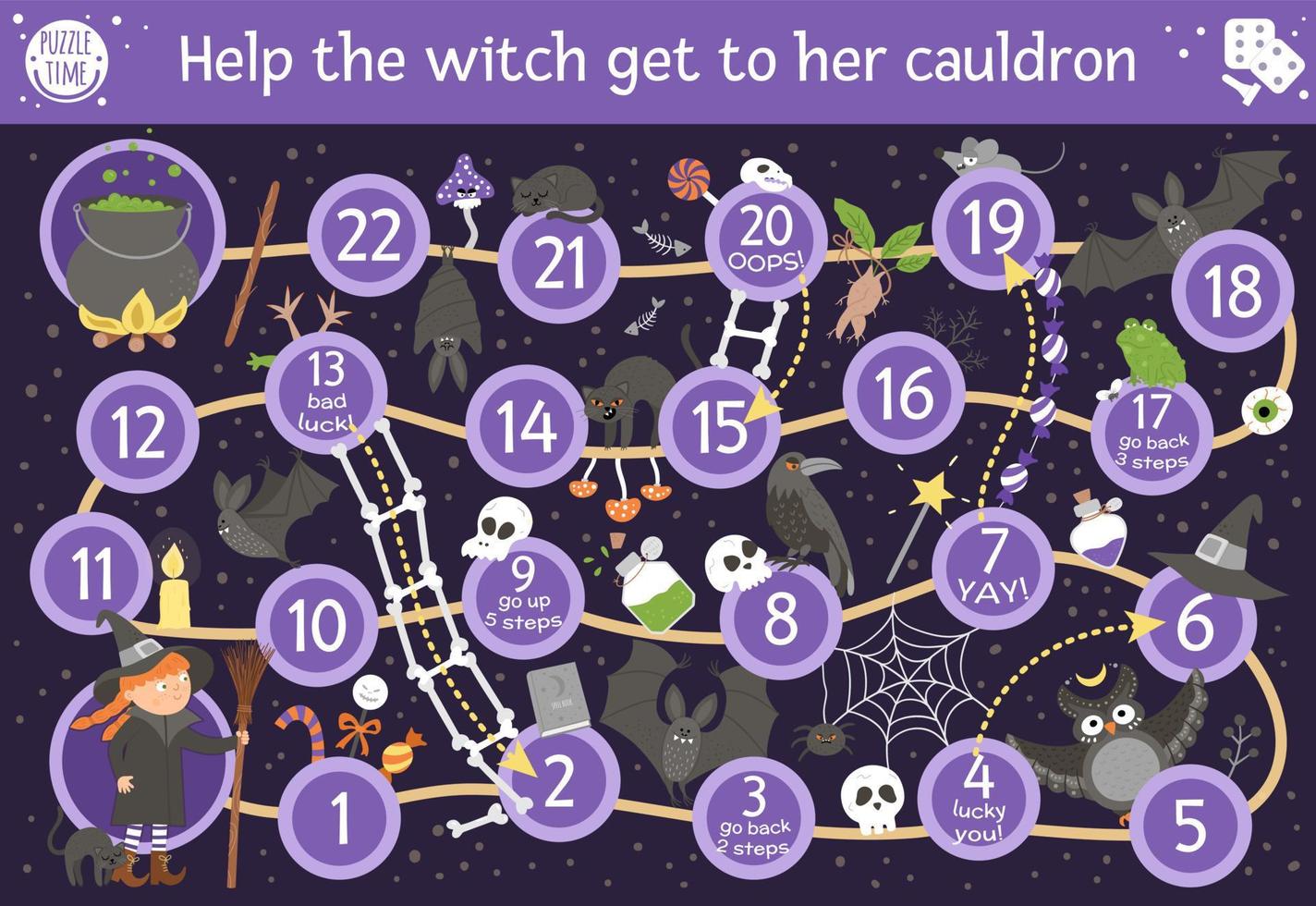 Halloween board game for children with cute witch and scary animals. Educational boardgame with bat, broom, black cat, spider. Help the witch get to her cauldron. Funny printable activity. vector