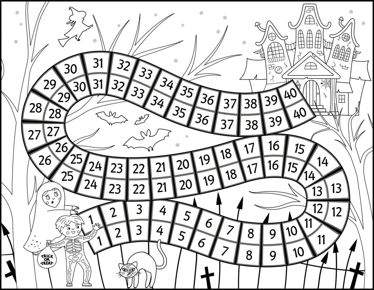 juego de mesa de halloween en blanco y negro para niños con castillo espeluznante y niños lindos. juego de mesa educativo con casa embrujada. Página para colorear imprimible de miedo. 3758535 Vector juego de mesa de halloween en blanco y negro para niños con castillo espeluznante y niños lindos. juego de mesa educativo con casa embrujada. Página para colorear imprimible de miedo. 3758535 Vector
