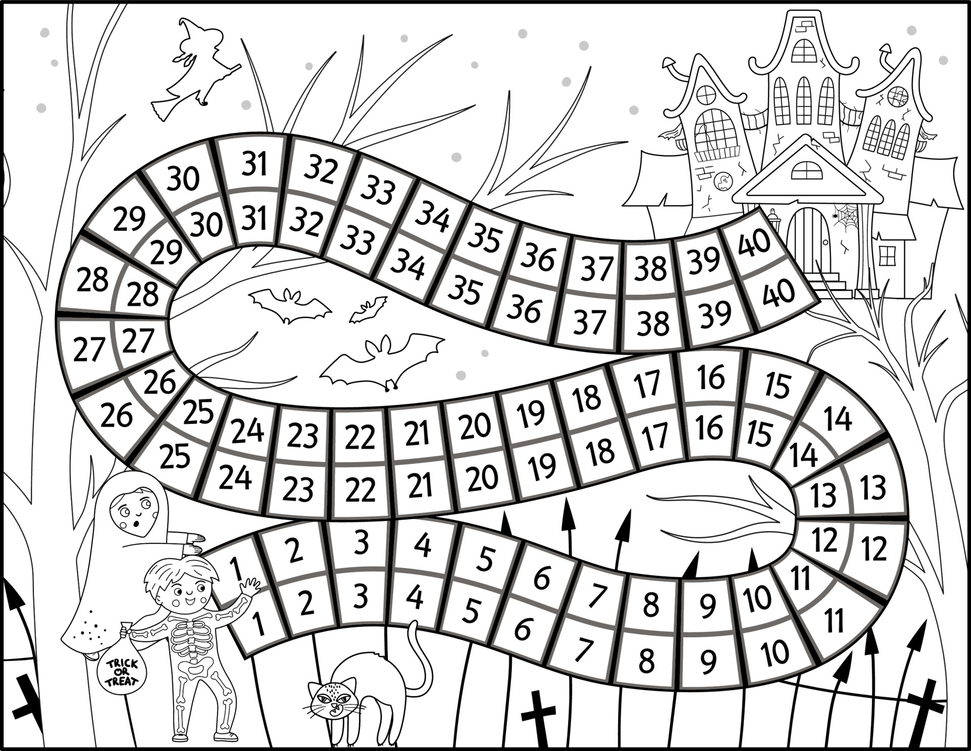 Different Board Game Coloring Pages - Halloween Black And White Board Game For Children With Spooky Castle And Cute Children Educational Boardgame With Haunted House Scary Printable Coloring Page Vector 