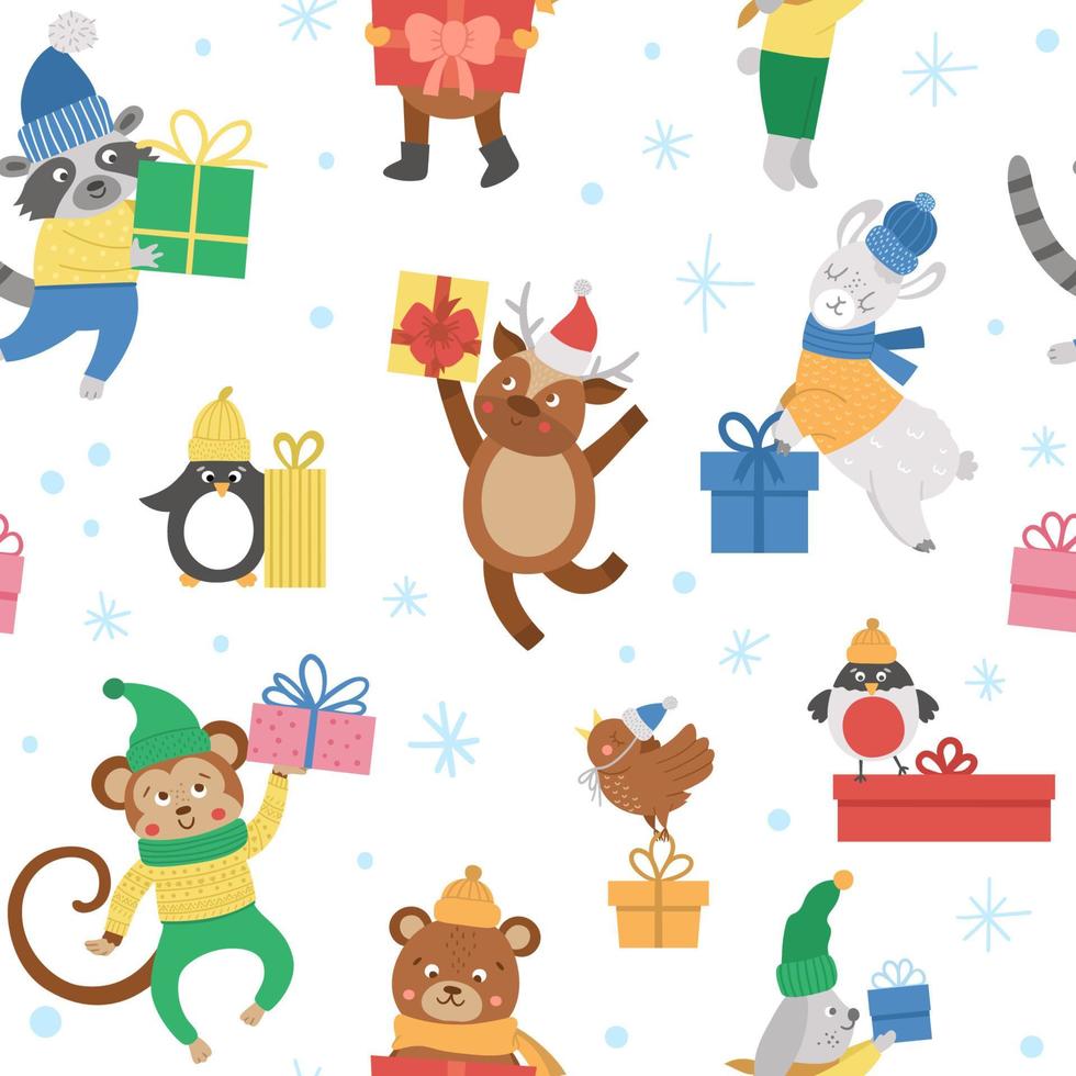 patrón transparente de vector lindo con animales en sombreros, bufandas y suéteres con regalos y copos de nieve. Fondo divertido de invierno. papel digital navideño. impresión de año nuevo con personajes sonrientes