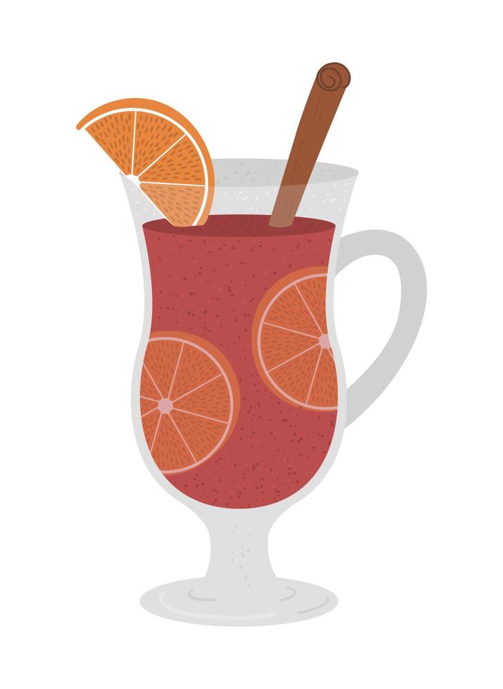 Vector glass with spiced mulled wine, orange slices and cinnamon. Winter traditional alcohol drink illustration. Holiday hot beverage icon isolated on white background.