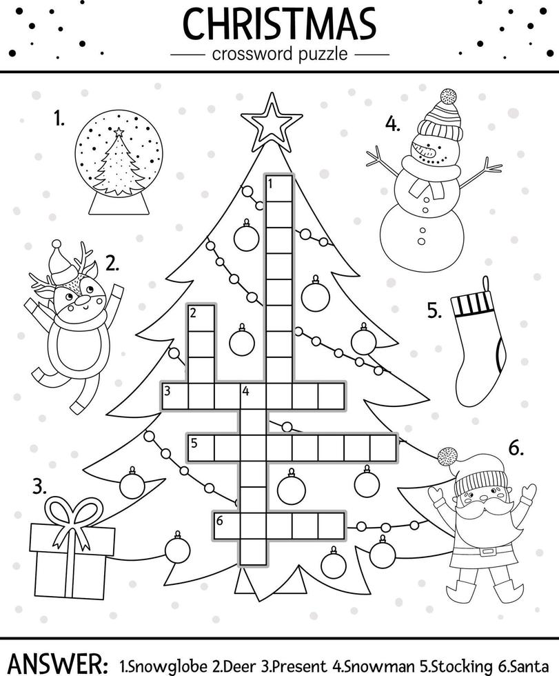 Vector Christmas black and white crossword puzzle for kids. Simple quiz with winter holiday objects for children. Educational activity or coloring page with traditional New Year elements.