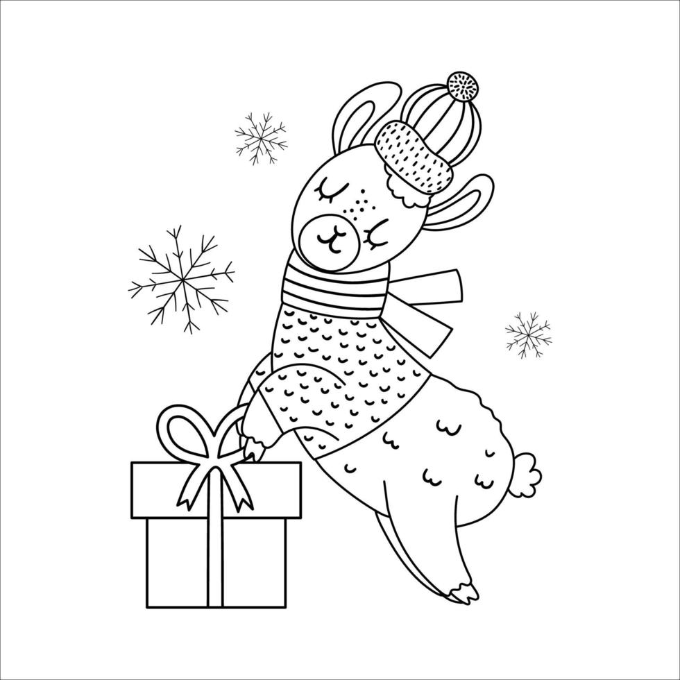 vector llama blanco y negro con sombrero y bufanda con caja de regalo y copos de nieve. Linda ilustración de línea de animales de invierno con presente en las manos. diseño divertido de la tarjeta de Navidad. plantilla de impresión de año nuevo