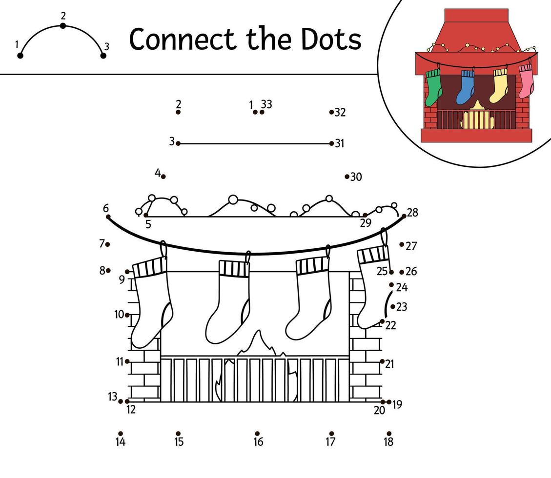 Vector Christmas dot-to-dot and color activity with cute chimney with stockings. Winter holiday connect the dots game for children. Funny coloring page for kids with traditional New Year symbol.