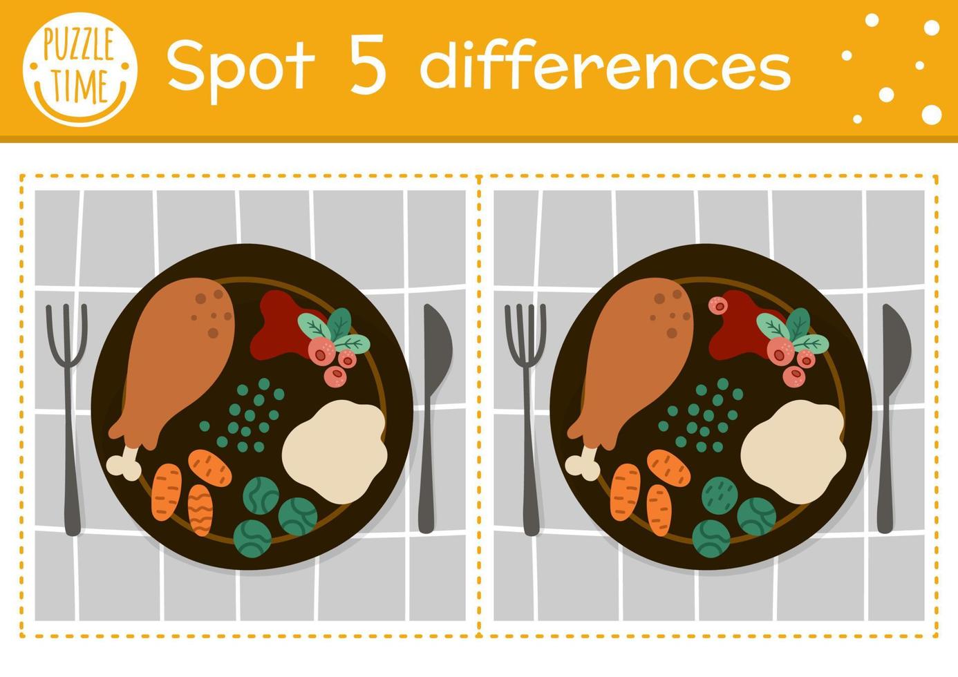 Find differences game for children. Thanksgiving educational activity with traditional food on a plate. Printable worksheet with holiday meal. Autumn holiday puzzle for kids. Fall preschool sheet vector