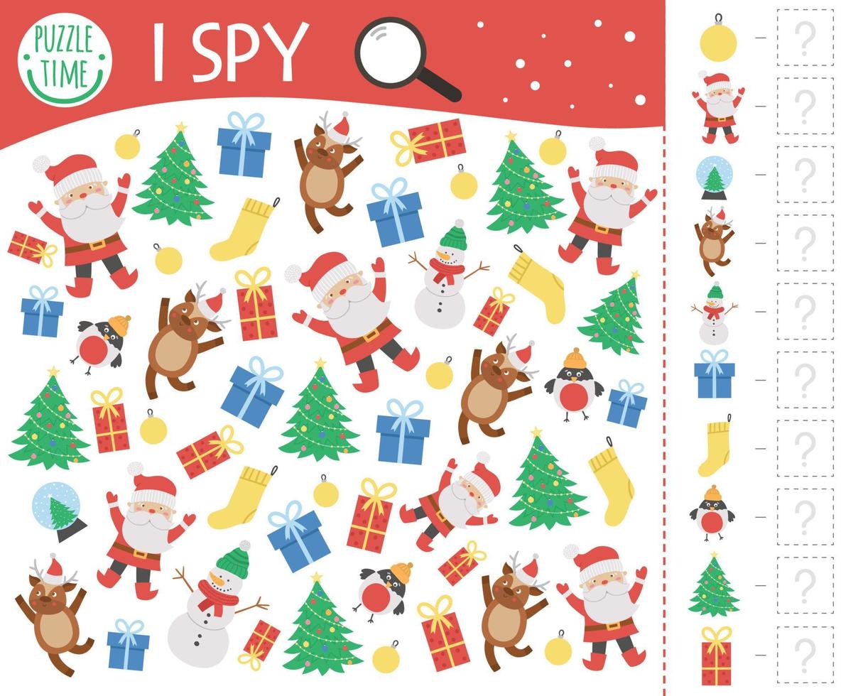 Christmas I spy game for kids. Searching and counting activity for preschool children with traditional New Year objects. Funny winter printable worksheet for kids. Simple holiday spotting puzzle. vector
