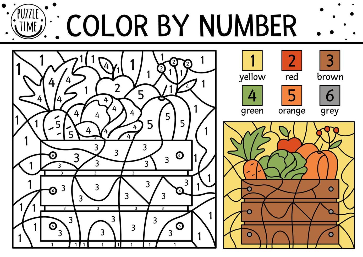 vector color otoñal por actividad numérica con cosecha en caja de madera. otoño, día de acción de gracias o juego de colorear y contar con verduras en el jardín. página de coloración divertida para niños.